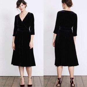 BODEN Farrah Black Velvet Faux Wrap Midi Dress Holiday Party Elegant Classic Sz6